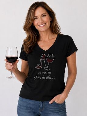 Chris’s Stuff Rhinestone Shoe & Wine Graphic Tee Black V-Neck Large USA